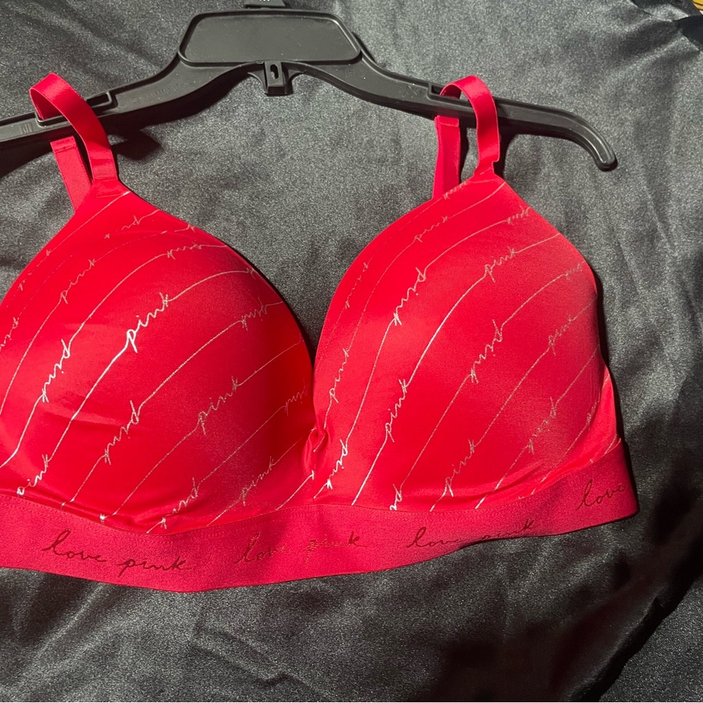 PINK Victoria's Secret Red Bra with Metallic Pinstripes